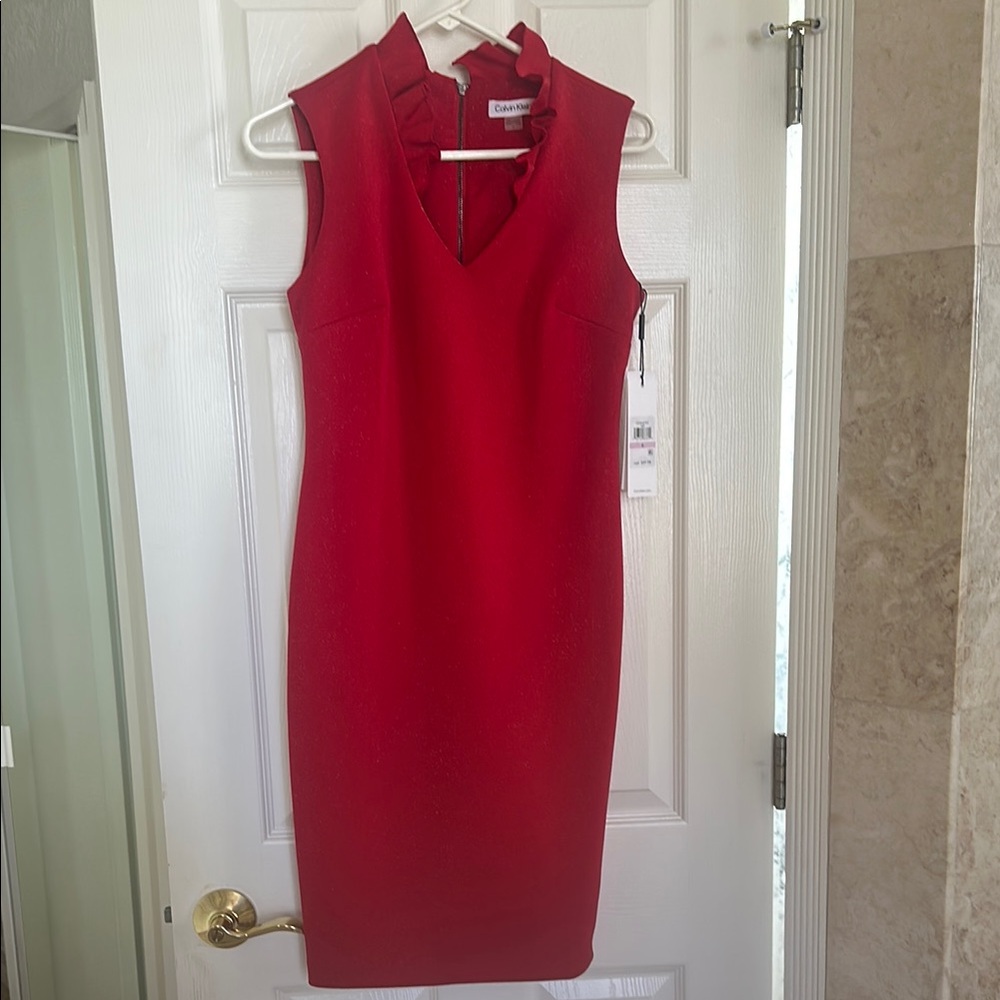 Calvin Klein Vibrant Red Dress with Ruffle Collar - Picture 2 of 4